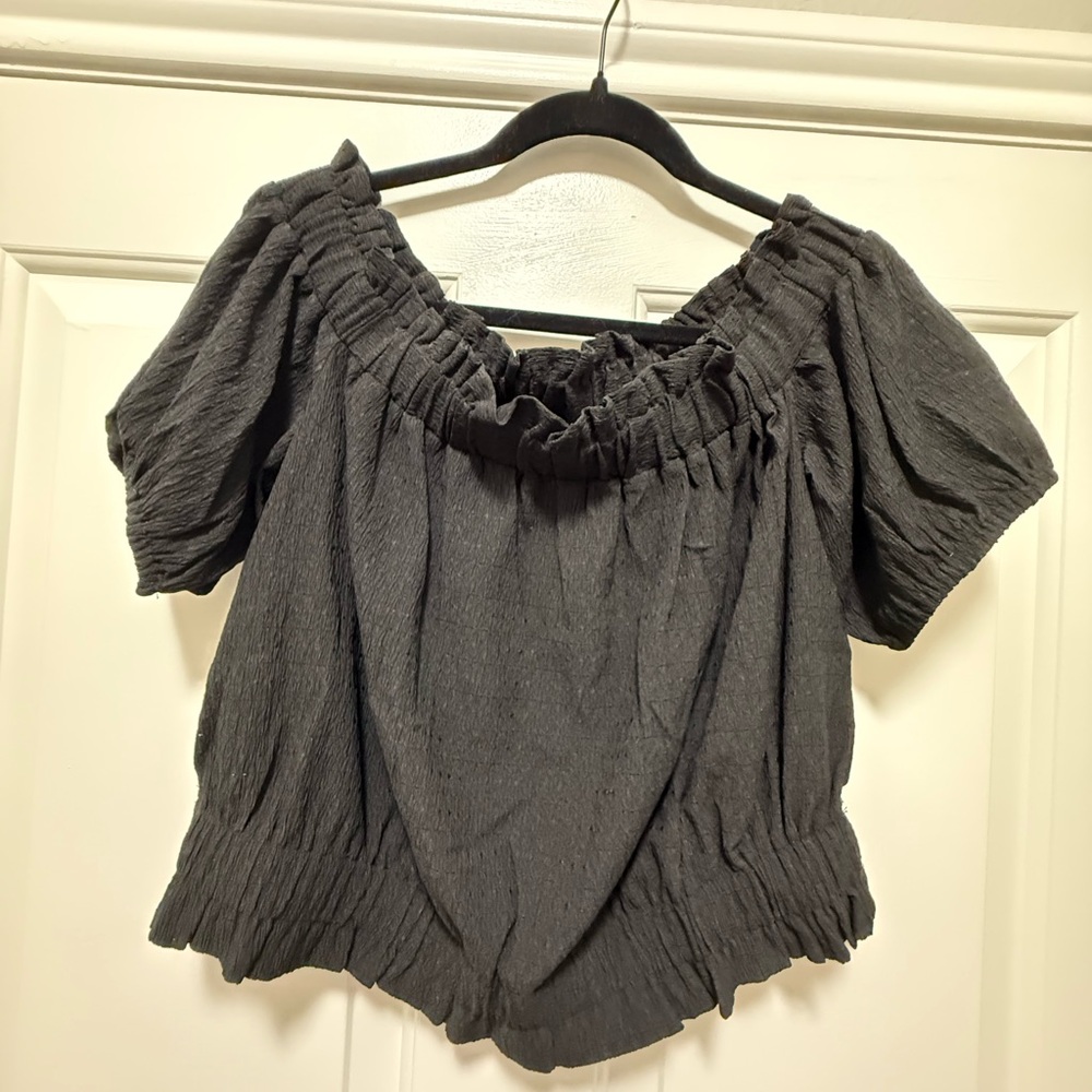 LOFT Smocked Off-Shoulder Cotton Blend Top - Black